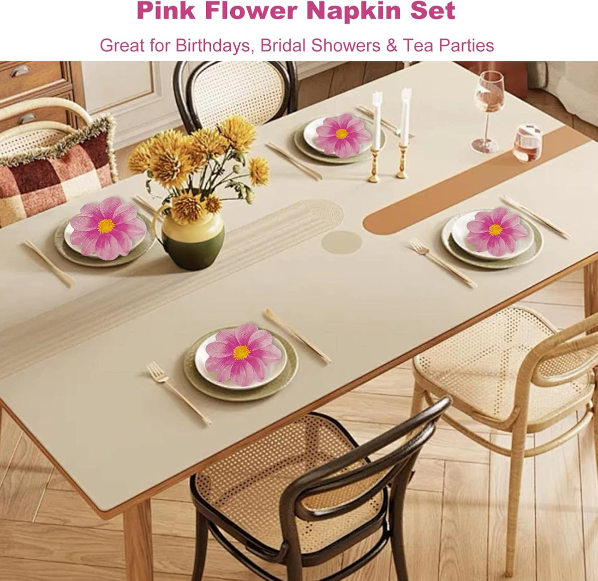 20 Pcs Flower Shaped Napkins Disposable Floral Paper Spring Decorative Tableware for Wedding Bridal Baby Shower Birthday Summer Dinner Party Decor Pink