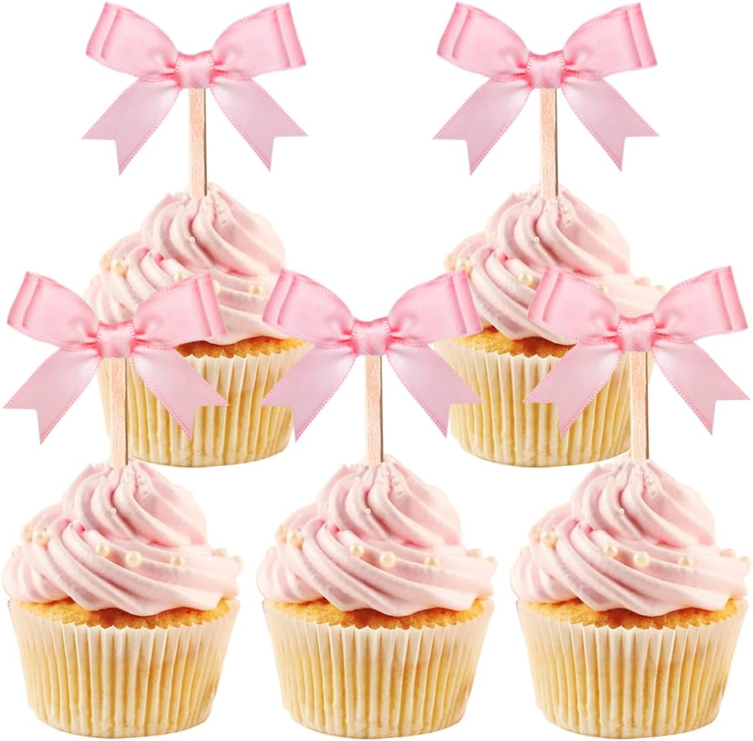 24Pcs Pink Bow Cupcake Toppers Bow Birthday Decorations