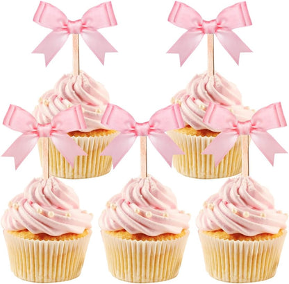 24Pcs Pink Bow Cupcake Toppers Bow Birthday Decorations