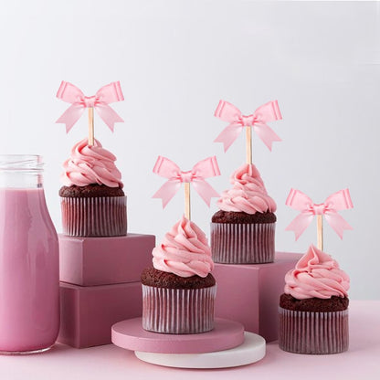 24Pcs Pink Bow Cupcake Toppers Bow Birthday Decorations