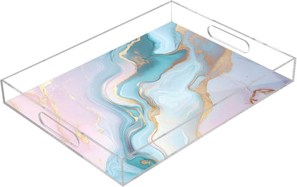 Pink Blue Marble Serving Tray Acrylic Decorative Tray Rectangular Tray with Handles
