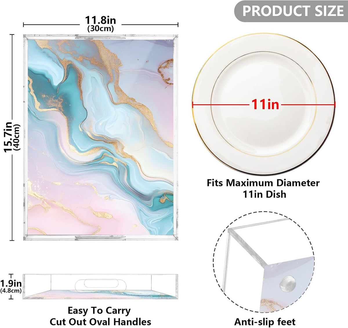 Pink Blue Marble Serving Tray Acrylic Decorative Tray Rectangular Tray with Handles