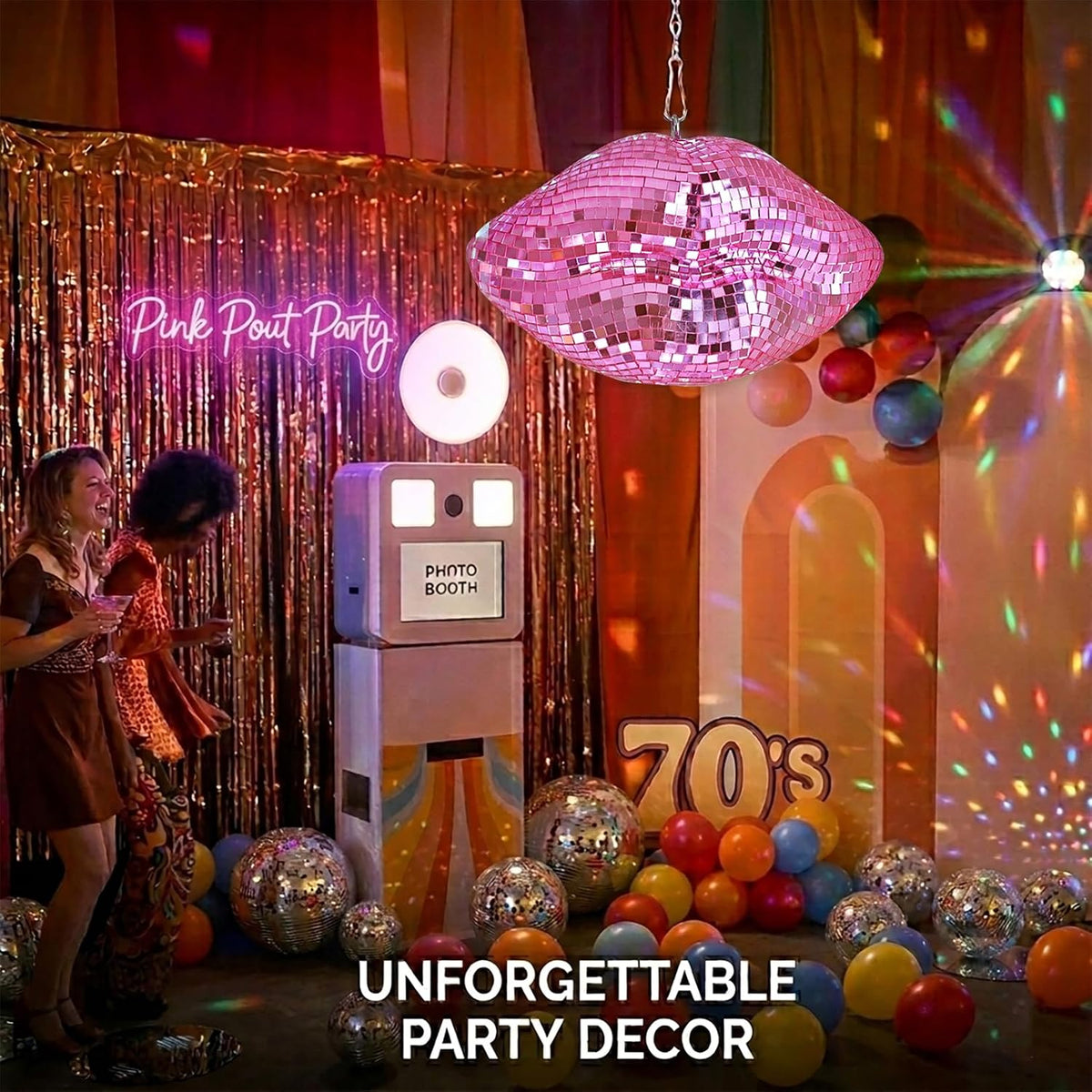 Pink Disco Lips, Hanging Disco Ball Decor 8''