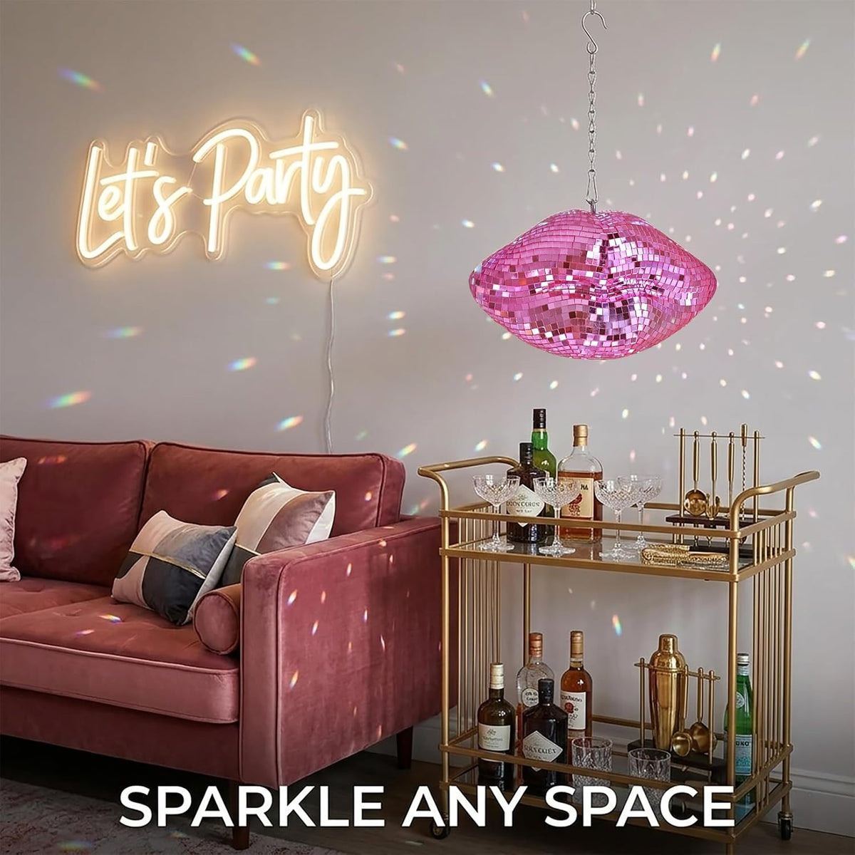 Pink Disco Lips, Hanging Disco Ball Decor 8''
