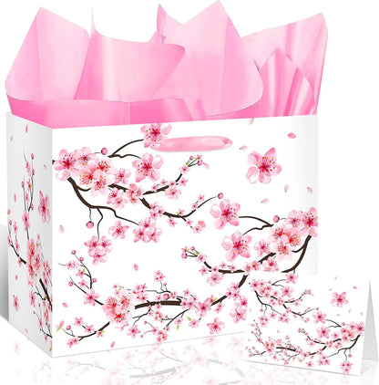 Large Cherry Blossom Gift Bag with Tissue Paper and Card Sakura Pink Gift Bags Floral Wrapping Paper Flower Cherry Blossom Party Decorations for Girls Women Birthday Bridal Shower Party Supplies