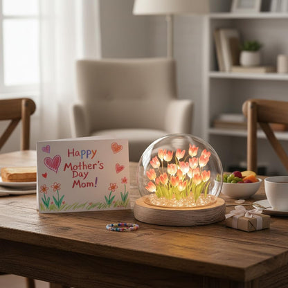 Mothers Day Gifts for Mom – Tulip Lamp with Glass Dome, 20 LED Flower Night Light, Gift for Mom from Daughter Son, Birthday Christmas Holiday Gifts for Women, Bedroom Desk Decor