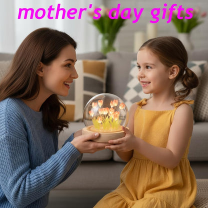 Mothers Day Gifts for Mom – Tulip Lamp with Glass Dome, 20 LED Flower Night Light, Gift for Mom from Daughter Son, Birthday Christmas Holiday Gifts for Women, Bedroom Desk Decor
