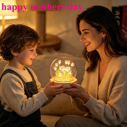 Mothers Day Gifts for Mom – Tulip Lamp with Glass Dome, 20 LED Flower Night Light, Gift for Mom from Daughter Son, Birthday Christmas Holiday Gifts for Women, Bedroom Desk Decor