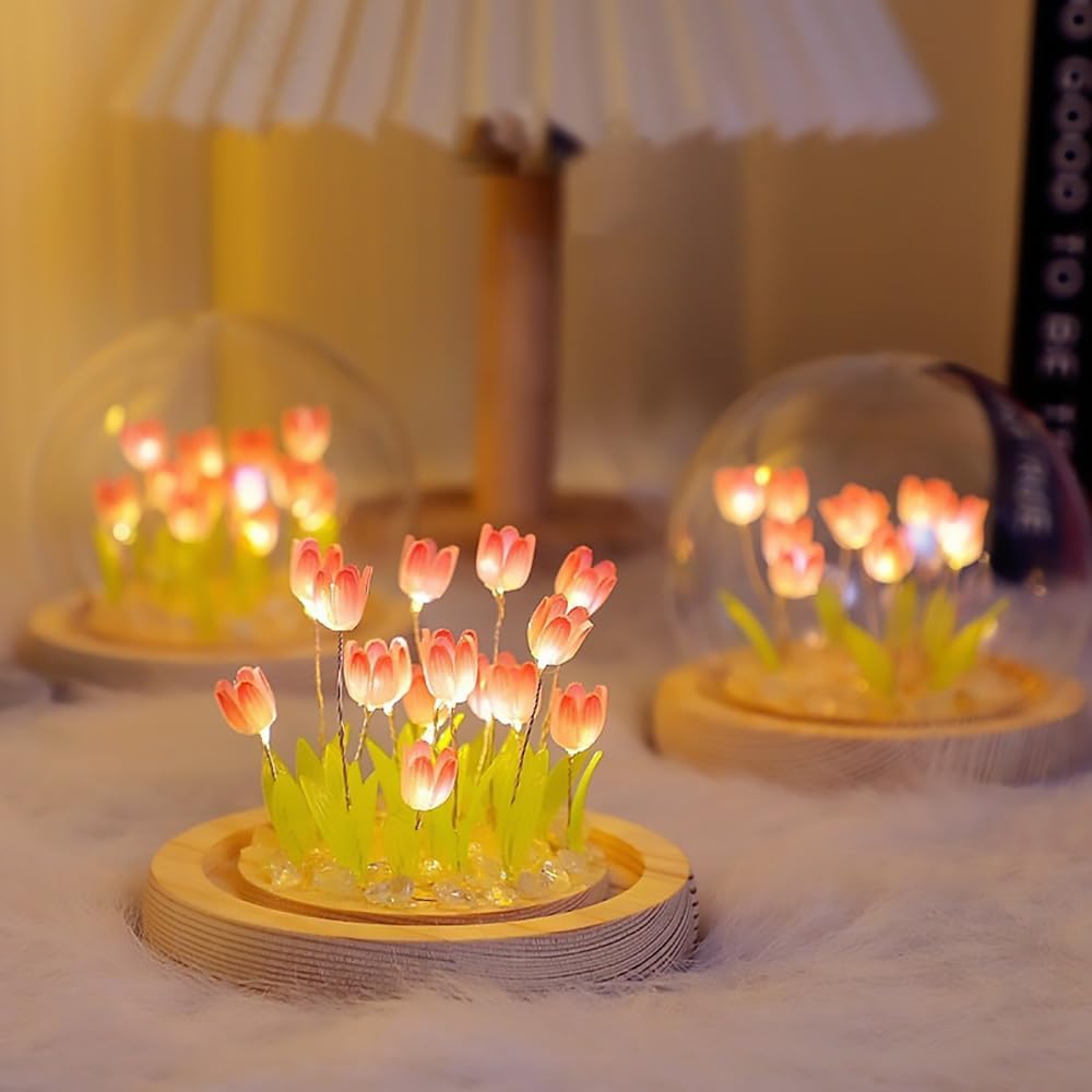 Mothers Day Gifts for Mom – Tulip Lamp with Glass Dome, 20 LED Flower Night Light, Gift for Mom from Daughter Son, Birthday Christmas Holiday Gifts for Women, Bedroom Desk Decor