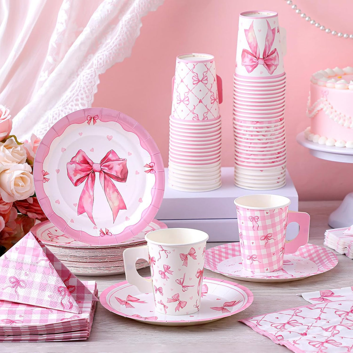 144 Pcs Pink Bow Party Supplies Kits Bachelorette Party Decorations Include Pink Paper Plates Napkins Cups Coquette Disposable Tableware Dinnerware for Girls Birthday Bridal Shower