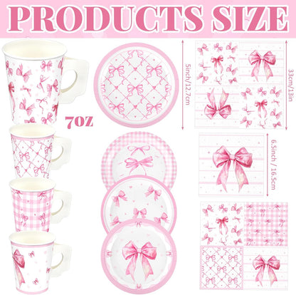 144 Pcs Pink Bow Party Supplies Kits Bachelorette Party Decorations Include Pink Paper Plates Napkins Cups Coquette Disposable Tableware Dinnerware for Girls Birthday Bridal Shower