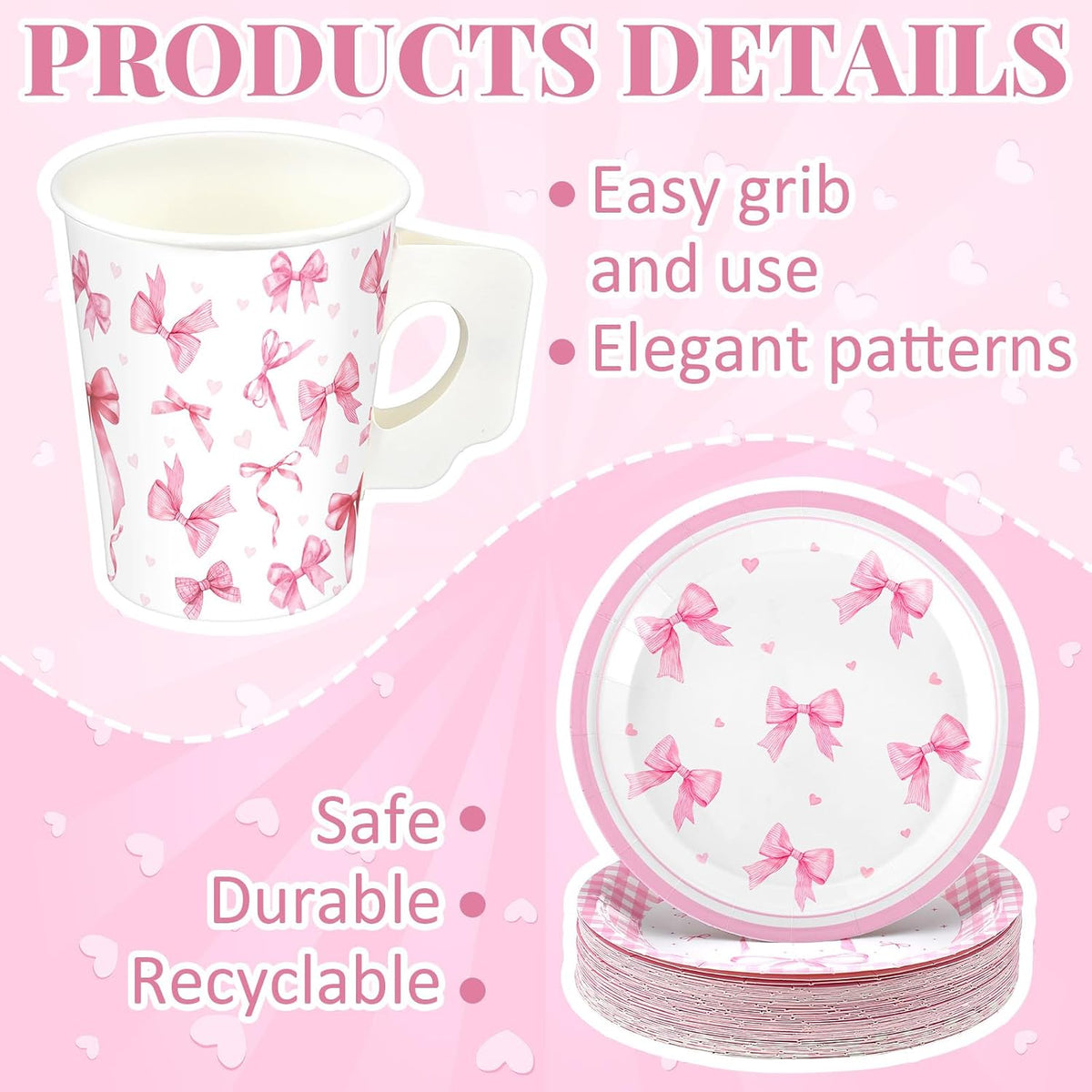 144 Pcs Pink Bow Party Supplies Kits Bachelorette Party Decorations Include Pink Paper Plates Napkins Cups Coquette Disposable Tableware Dinnerware for Girls Birthday Bridal Shower