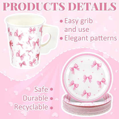 144 Pcs Pink Bow Party Supplies Kits Bachelorette Party Decorations Include Pink Paper Plates Napkins Cups Coquette Disposable Tableware Dinnerware for Girls Birthday Bridal Shower