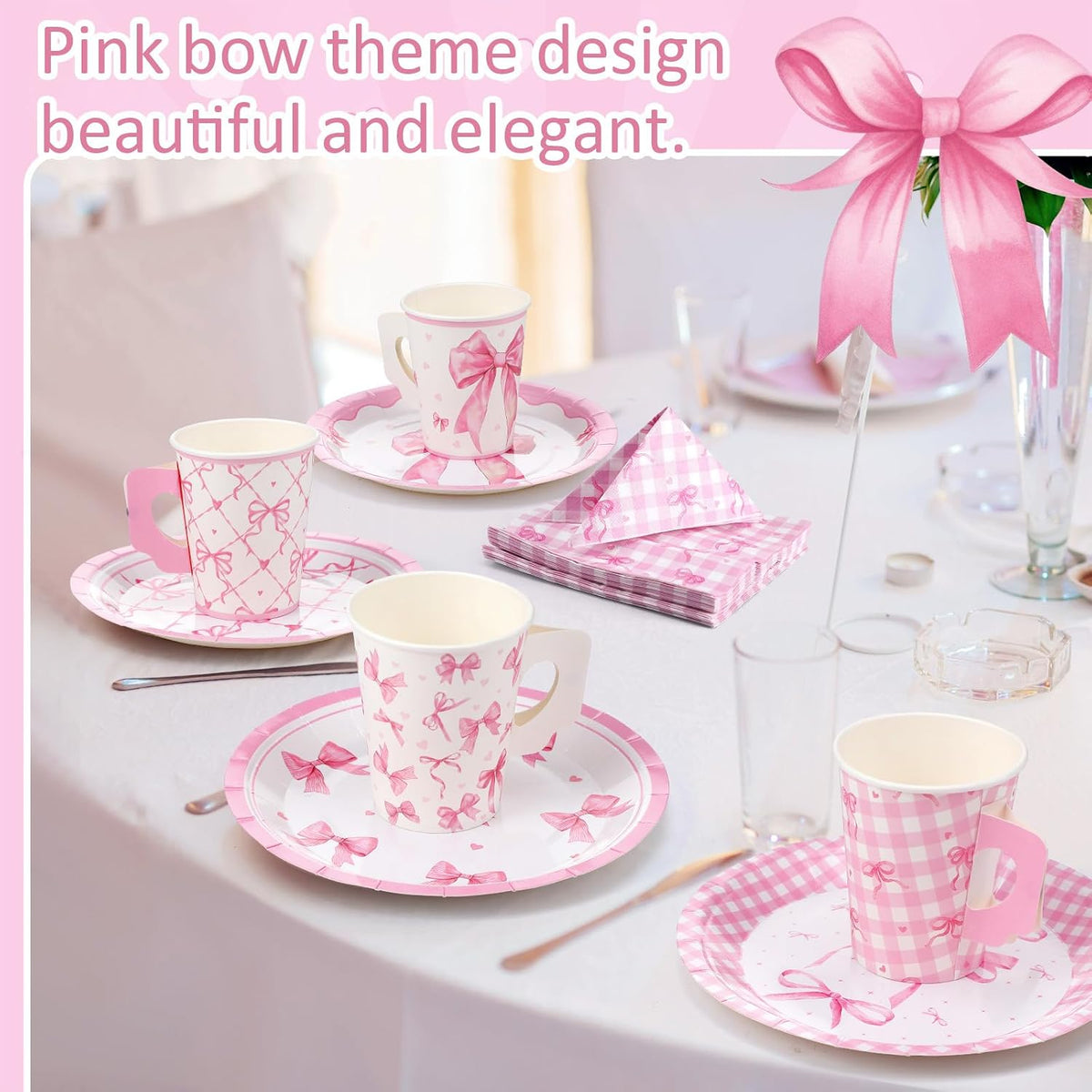 144 Pcs Pink Bow Party Supplies Kits Bachelorette Party Decorations Include Pink Paper Plates Napkins Cups Coquette Disposable Tableware Dinnerware for Girls Birthday Bridal Shower