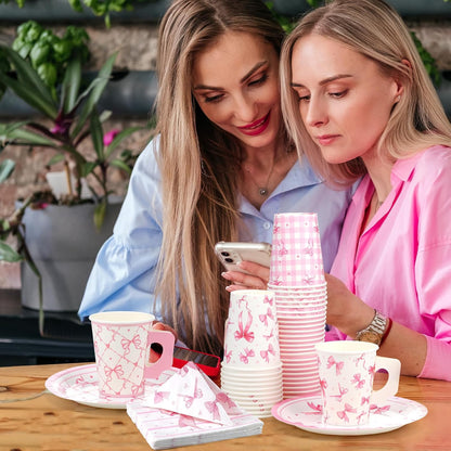 144 Pcs Pink Bow Party Supplies Kits Bachelorette Party Decorations Include Pink Paper Plates Napkins Cups Coquette Disposable Tableware Dinnerware for Girls Birthday Bridal Shower