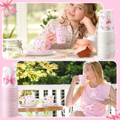 144 Pcs Pink Bow Party Supplies Kits Bachelorette Party Decorations Include Pink Paper Plates Napkins Cups Coquette Disposable Tableware Dinnerware for Girls Birthday Bridal Shower