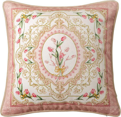 Vintage Pink Floral Pillow Cover 18x18, Tulip Garden