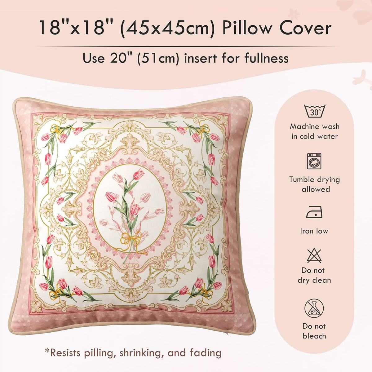 Vintage Pink Floral Pillow Cover 18x18, Tulip Garden