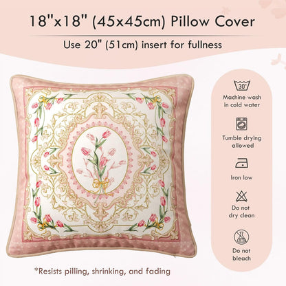 Vintage Pink Floral Pillow Cover 18x18, Tulip Garden