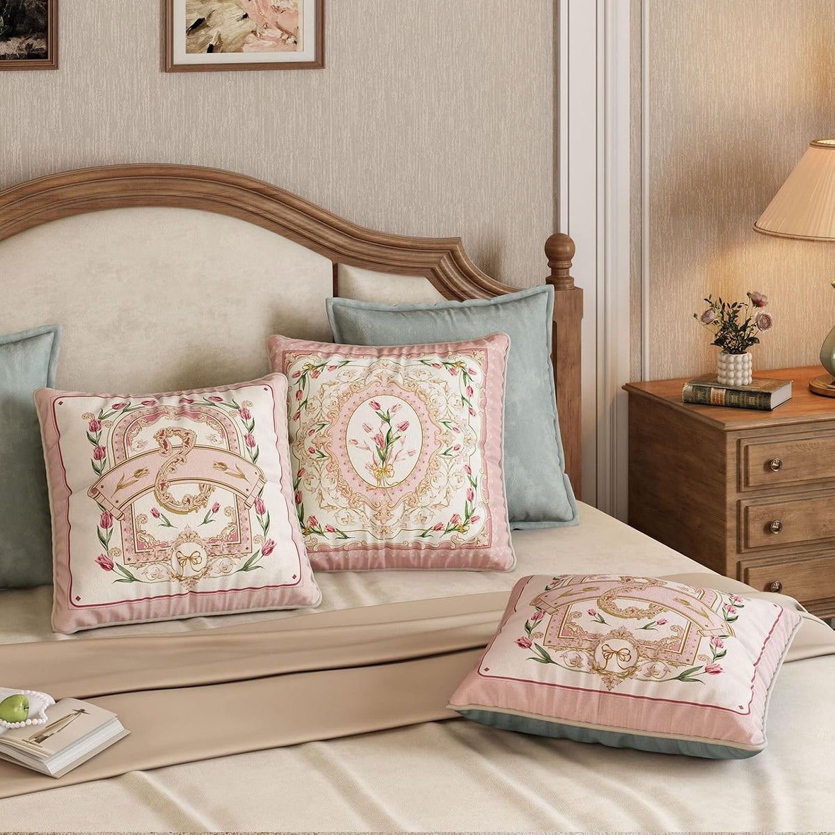 Vintage Pink Floral Pillow Cover 18x18, Tulip Garden