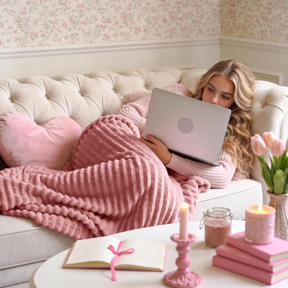 3D Ribbed Jacquard Pink Fleece Throw Blanket for Couch, 50x60 Inch