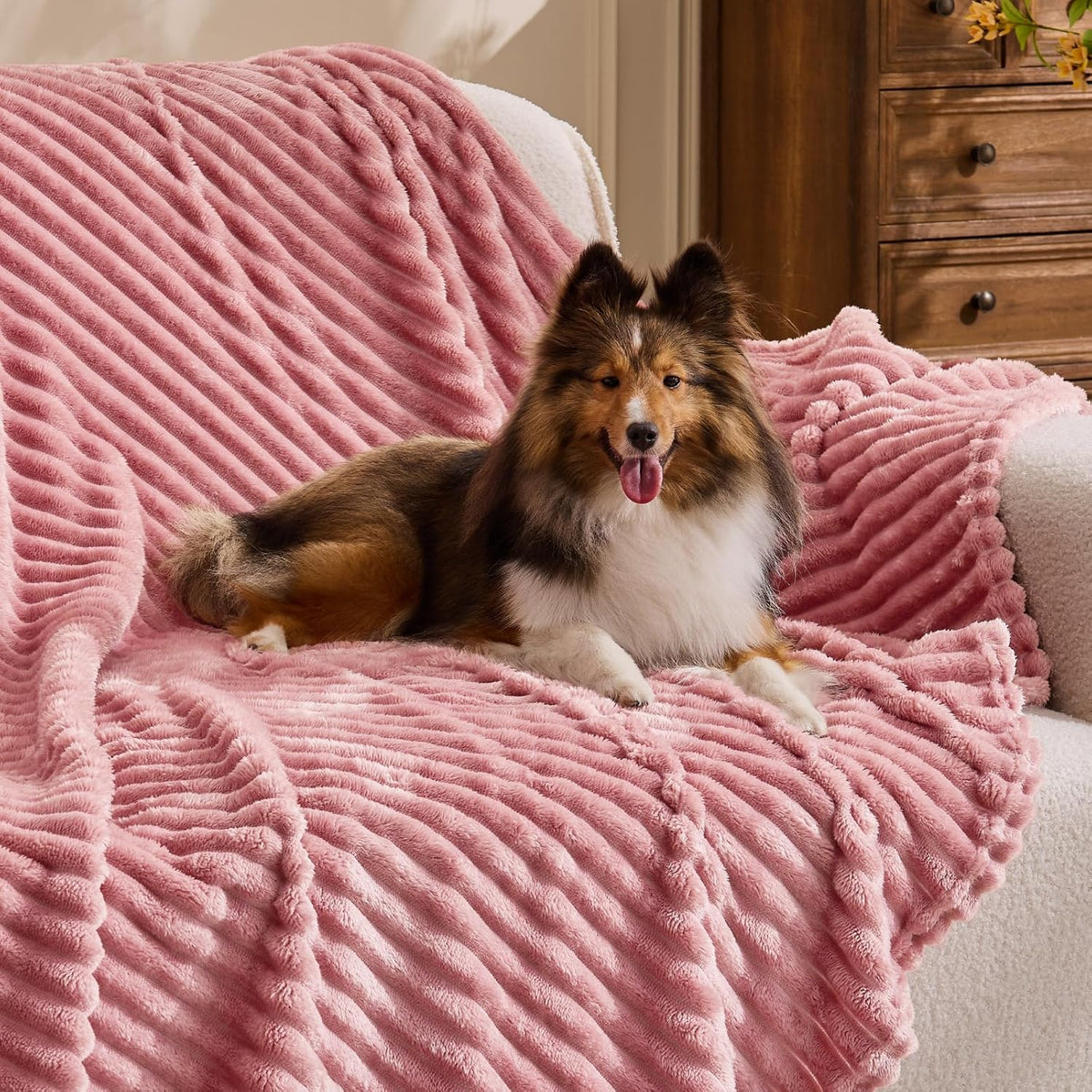 3D Ribbed Jacquard Pink Fleece Throw Blanket for Couch, 50x60 Inch