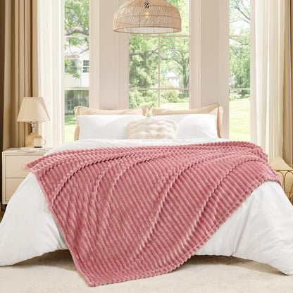 3D Ribbed Jacquard Pink Fleece Throw Blanket for Couch, 50x60 Inch