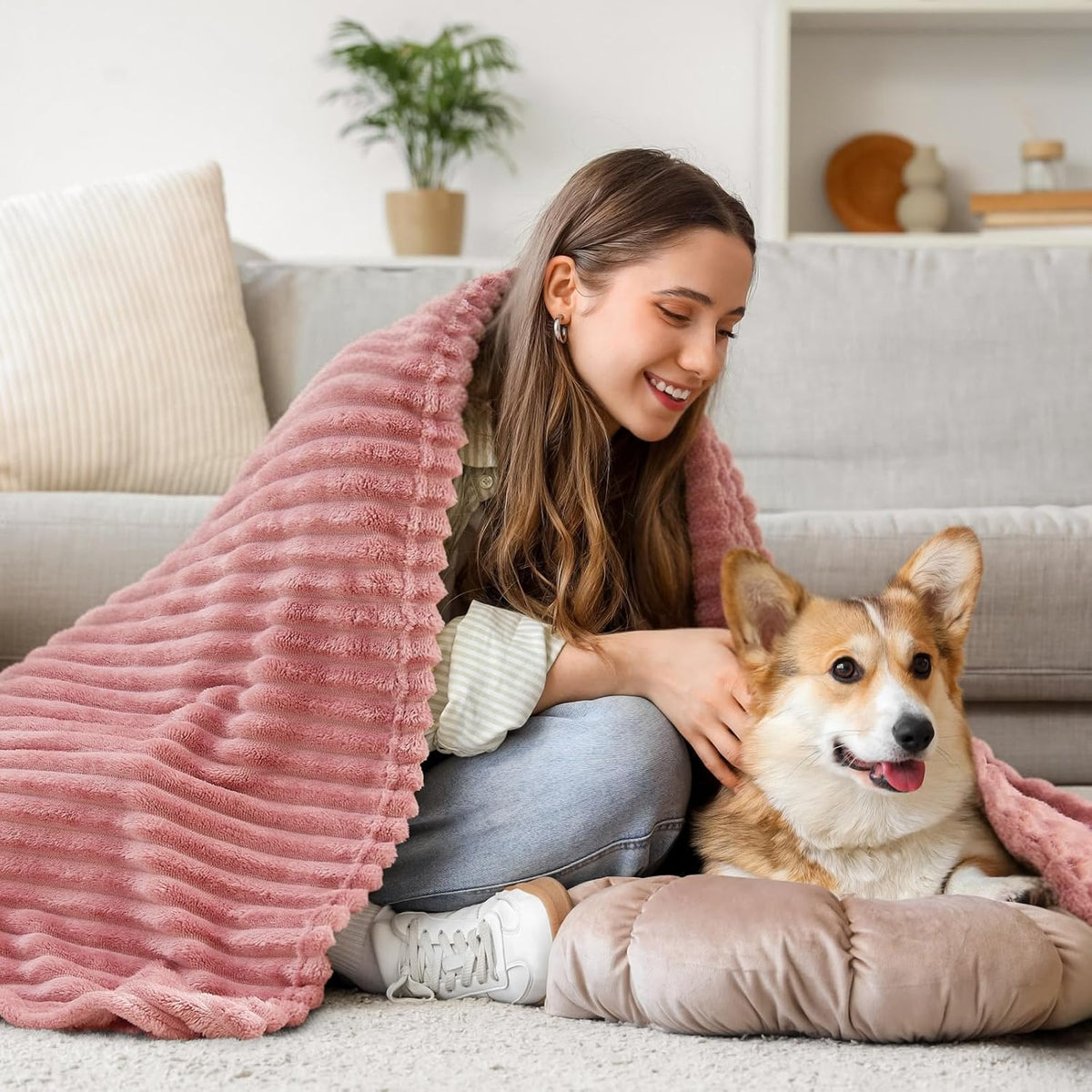 3D Ribbed Jacquard Pink Fleece Throw Blanket for Couch, 50x60 Inch
