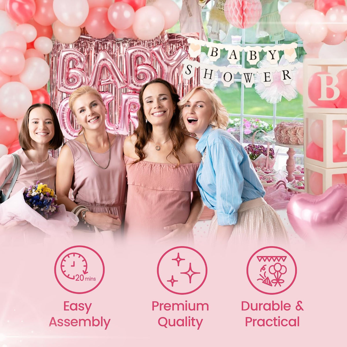 Pink Baby Shower Decorations for Girl - All-in-One inclusive JUMBO Decor Set
