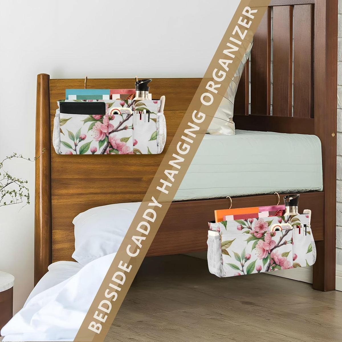 Pink Cherry Flowers Branch Bedside Caddy Bedside Organizer Bedside Storage Caddy College Dorm Bed Accessories