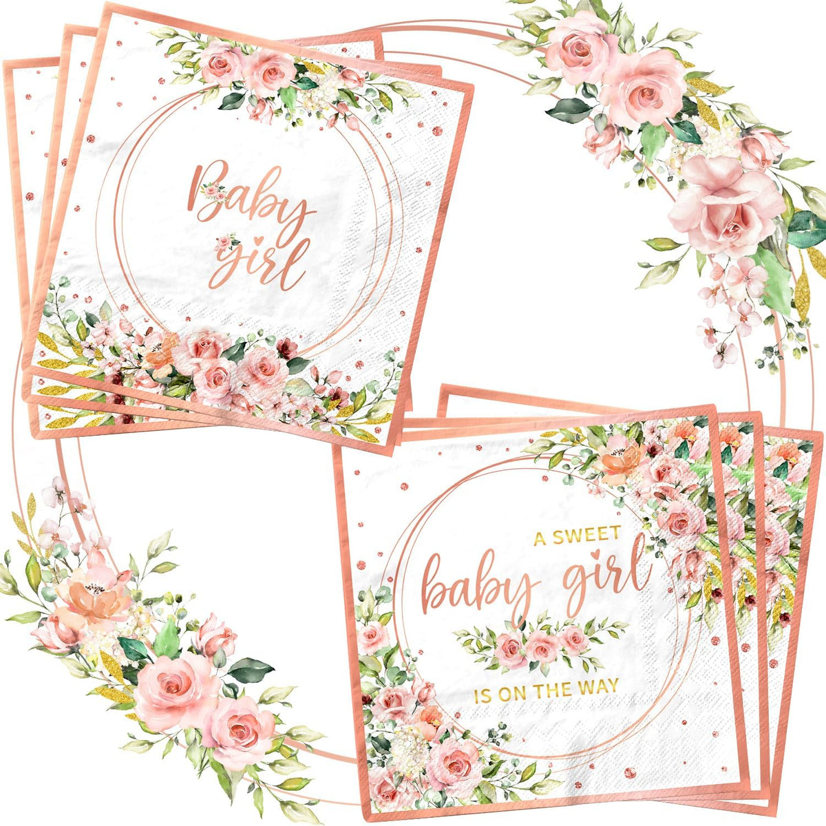 40pcs Sweet Baby Girl Napkins Rose Gold Baby Shower Napkins Disposable Watercolor Pink Floral It's a Girl Paper Napkins for Girls Baby Shower Party Supplies