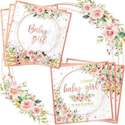 40pcs Sweet Baby Girl Napkins Rose Gold Baby Shower Napkins Disposable Watercolor Pink Floral It's a Girl Paper Napkins for Girls Baby Shower Party Supplies