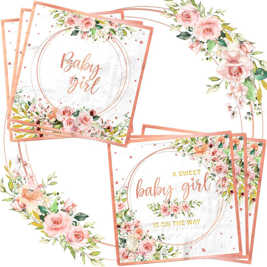 40pcs Sweet Baby Girl Napkins Rose Gold Baby Shower Napkins Disposable Watercolor Pink Floral It's a Girl Paper Napkins for Girls Baby Shower Party Supplies