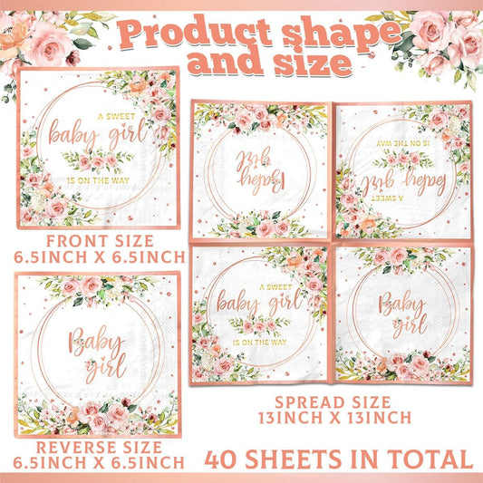 40pcs Sweet Baby Girl Napkins Rose Gold Baby Shower Napkins Disposable Watercolor Pink Floral It's a Girl Paper Napkins for Girls Baby Shower Party Supplies