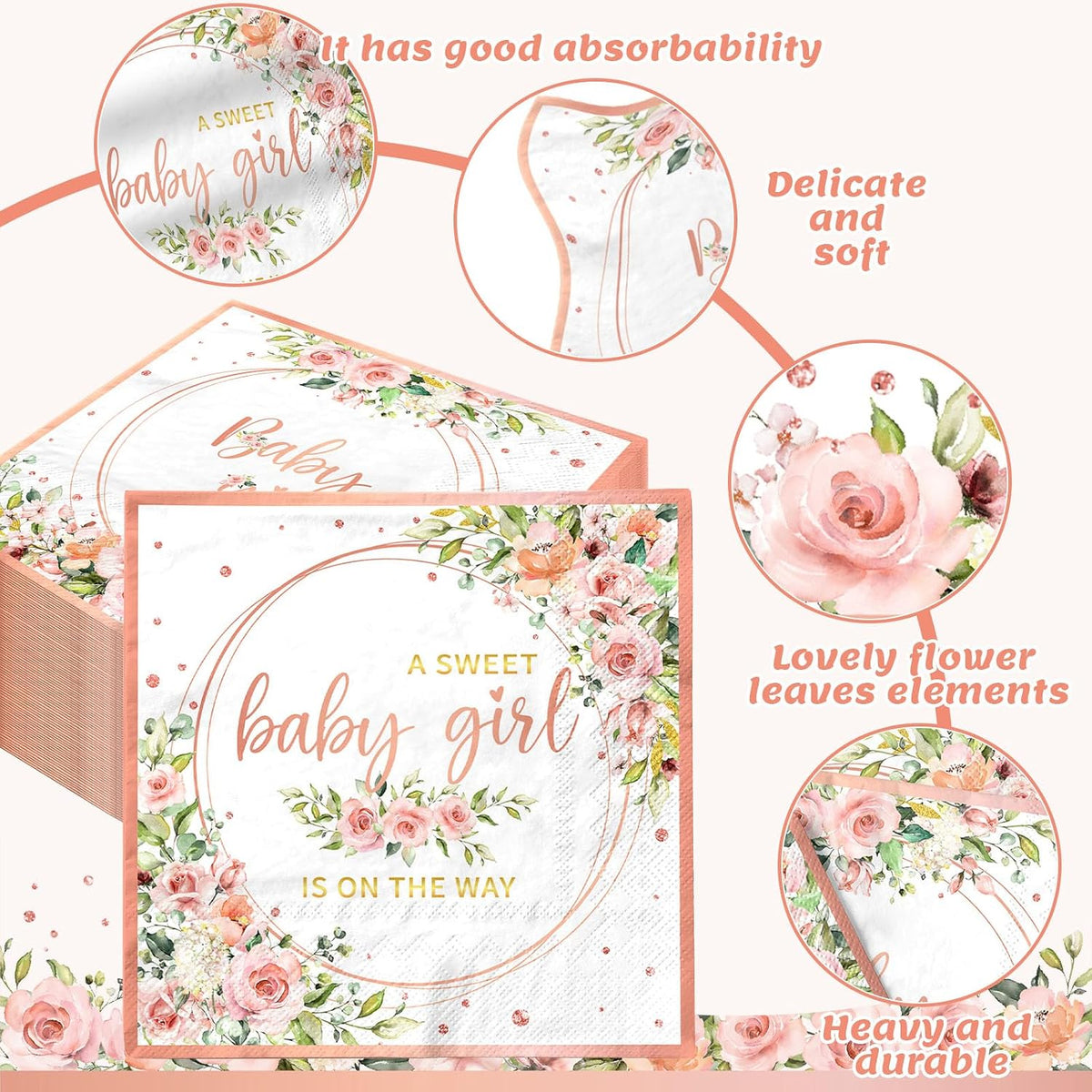 40pcs Sweet Baby Girl Napkins Rose Gold Baby Shower Napkins Disposable Watercolor Pink Floral It's a Girl Paper Napkins for Girls Baby Shower Party Supplies