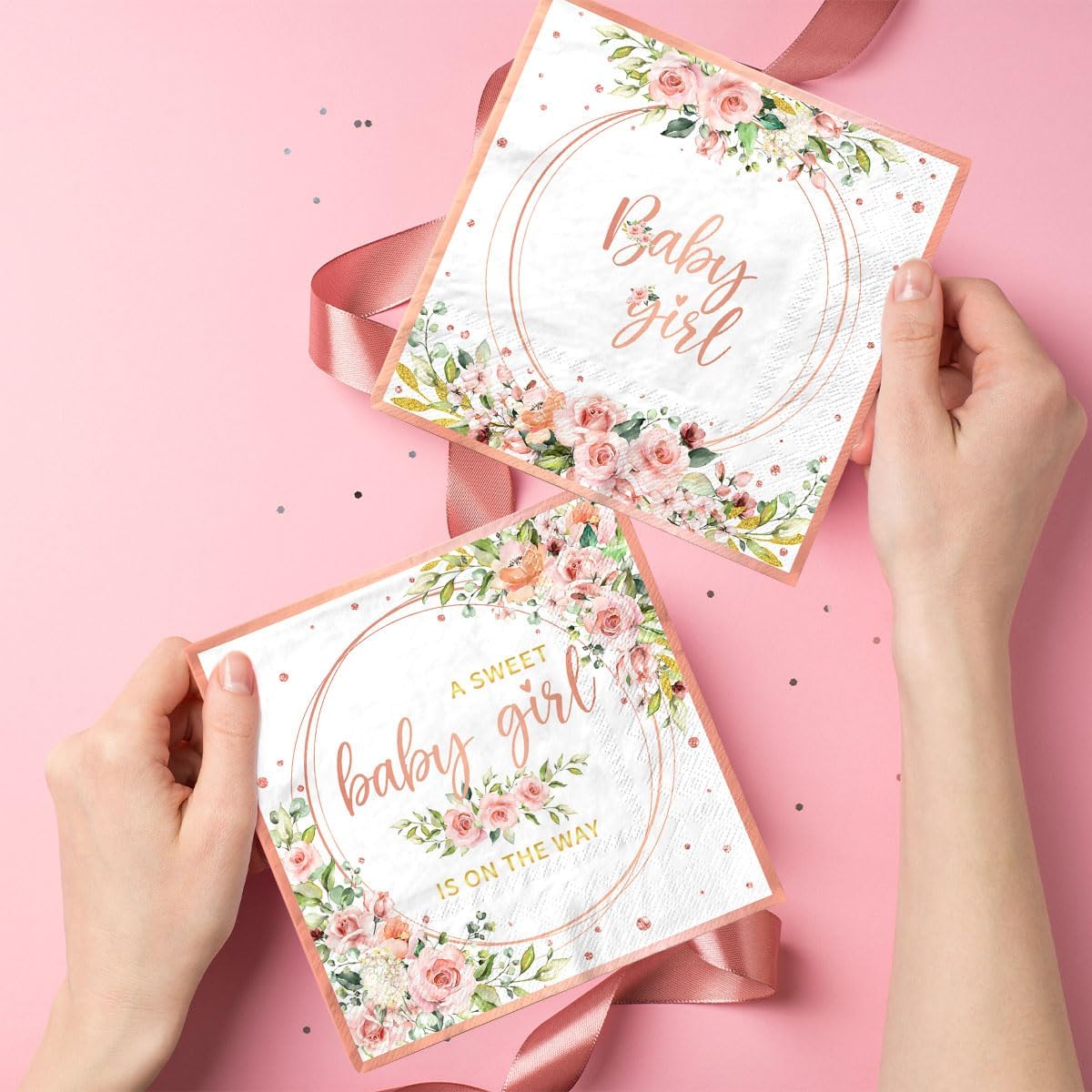 40pcs Sweet Baby Girl Napkins Rose Gold Baby Shower Napkins Disposable Watercolor Pink Floral It's a Girl Paper Napkins for Girls Baby Shower Party Supplies