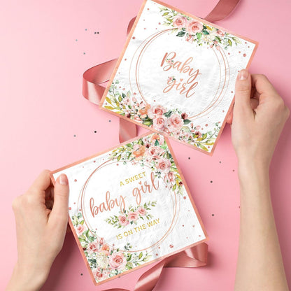40pcs Sweet Baby Girl Napkins Rose Gold Baby Shower Napkins Disposable Watercolor Pink Floral It's a Girl Paper Napkins for Girls Baby Shower Party Supplies