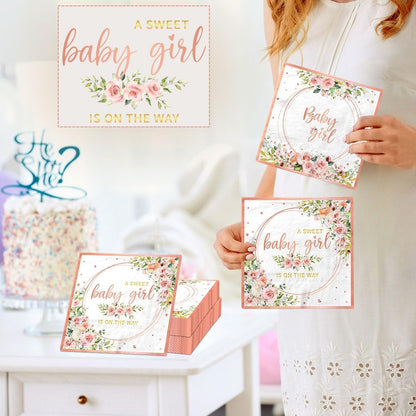 40pcs Sweet Baby Girl Napkins Rose Gold Baby Shower Napkins Disposable Watercolor Pink Floral It's a Girl Paper Napkins for Girls Baby Shower Party Supplies
