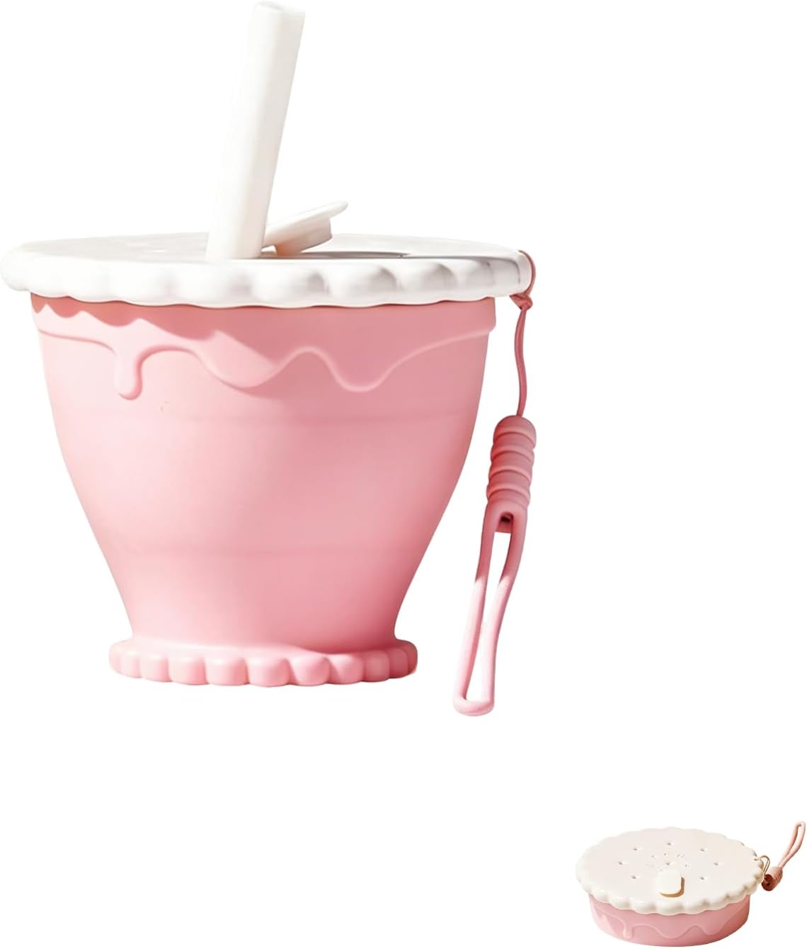 Cookie Shaped Collapsible Cup(8.6oz) – Portable Silicone Folding Water Bottle with Lid Straw &Lanyard for Travel Camping Hiking, Heat Resistant (Pink)