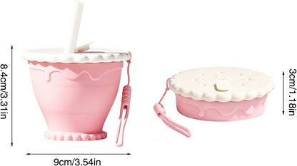 Cookie Shaped Collapsible Cup(8.6oz) – Portable Silicone Folding Water Bottle with Lid Straw &Lanyard for Travel Camping Hiking, Heat Resistant (Pink)