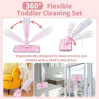 Kids Spray Mop,Toddler Mop Cleaning Set, Real Working Mini Mop & Kids Broom Dustpan Set, Housekeeping Pretend Play Toy, Montessori Kid Cleaning Toy Set Includes Organizer Clip -Pink