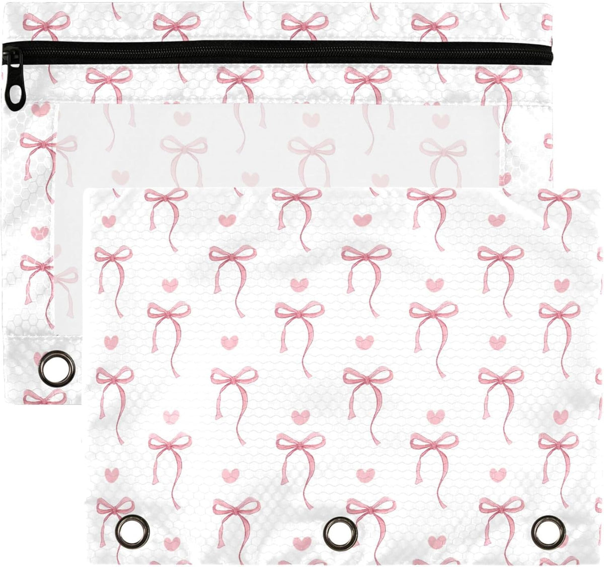 Pink Bow Bowknot Ribbon Binder Pouches 3 Ring for Boys Girls School Office College Supplies Cute Doodle Pattern Pencil Pouches Case Bag with Clear Window and Zipper 2 pack