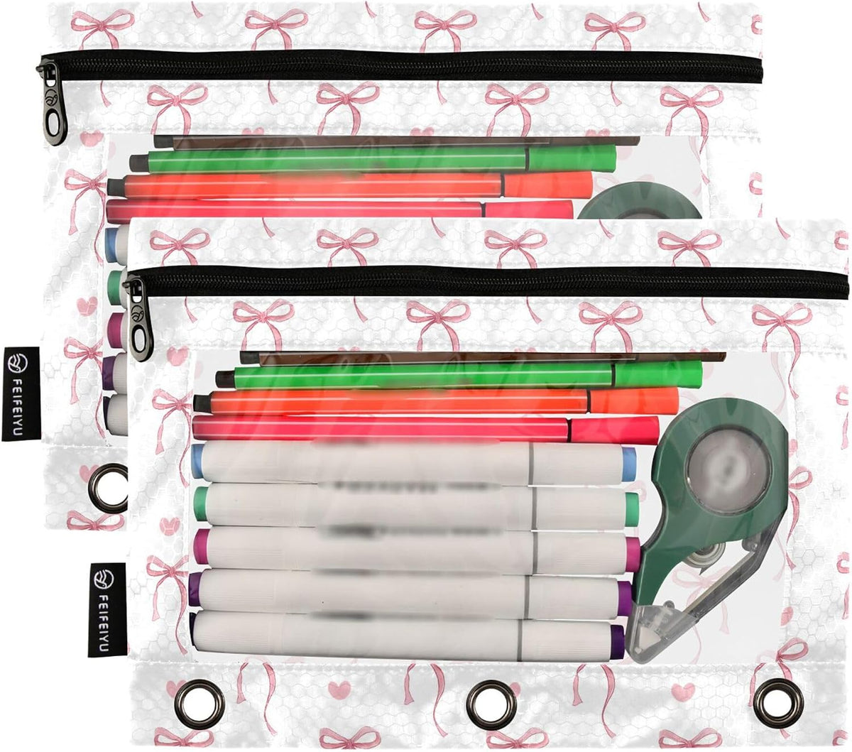 Pink Bow Bowknot Ribbon Binder Pouches 3 Ring for Boys Girls School Office College Supplies Cute Doodle Pattern Pencil Pouches Case Bag with Clear Window and Zipper 2 pack