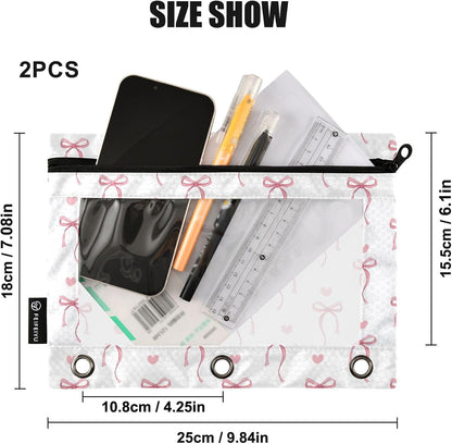 Pink Bow Bowknot Ribbon Binder Pouches 3 Ring for Boys Girls School Office College Supplies Cute Doodle Pattern Pencil Pouches Case Bag with Clear Window and Zipper 2 pack