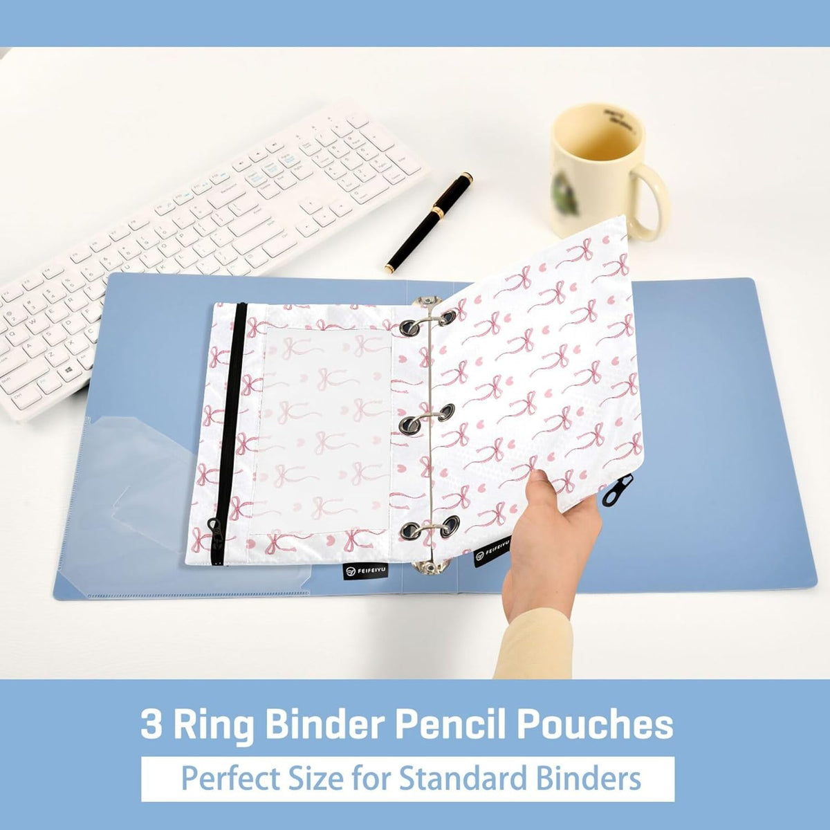 Pink Bow Bowknot Ribbon Binder Pouches 3 Ring for Boys Girls School Office College Supplies Cute Doodle Pattern Pencil Pouches Case Bag with Clear Window and Zipper 2 pack