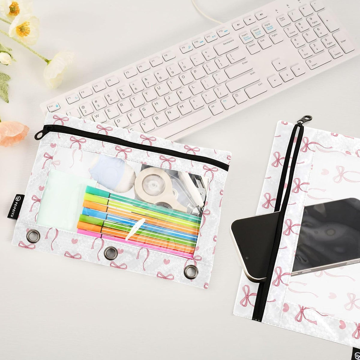 Pink Bow Bowknot Ribbon Binder Pouches 3 Ring for Boys Girls School Office College Supplies Cute Doodle Pattern Pencil Pouches Case Bag with Clear Window and Zipper 2 pack