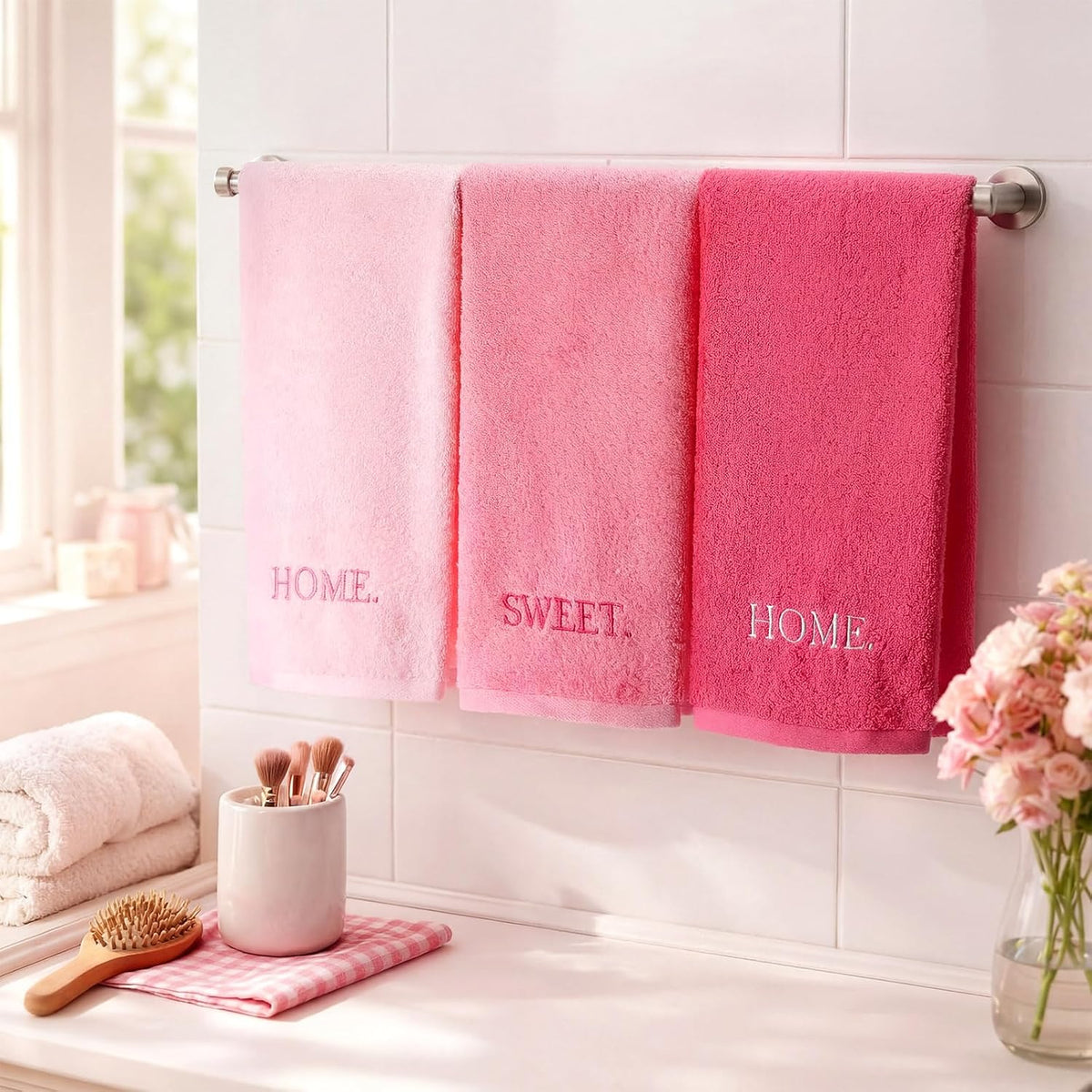 3 Pcs Pink Decorative Hand Towels for Bathroom, Home Sweet Home