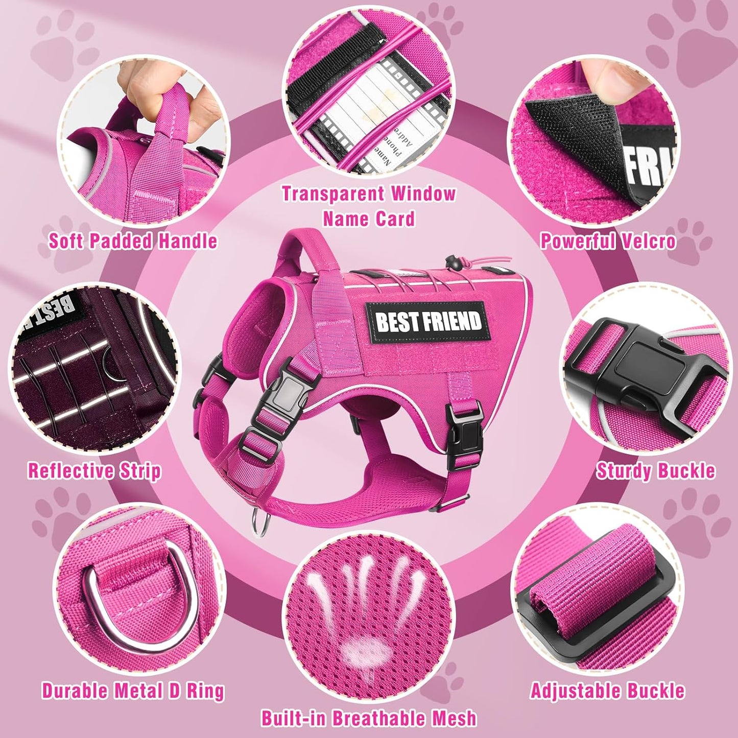 Tactical Dog Harness Small Sized Dog,No Pull Military Dog Vest with Handle,Reflective Heavy Duty Pet Harness for Walking Hiking Training Hot Pink S