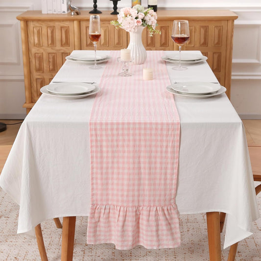 Peachy Blush White Plaid Gingham Ruffle Table Runner 72 inches Long 100% Washed Cotton Decorative Farmhouse Cabinet Cover (Blush, 72"x13")