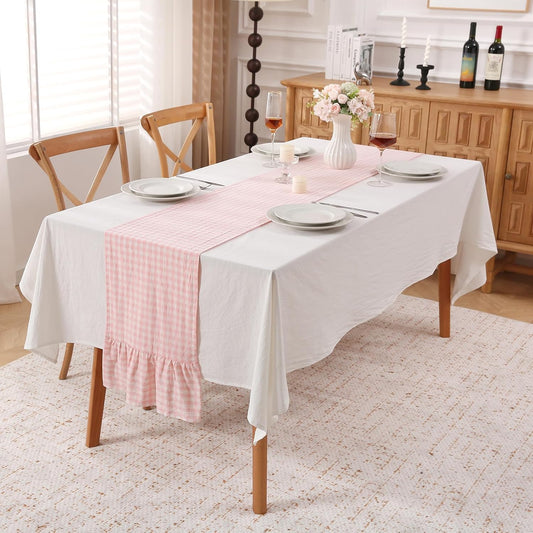 Peachy Blush White Plaid Gingham Ruffle Table Runner 72 inches Long 100% Washed Cotton Decorative Farmhouse Cabinet Cover (Blush, 72"x13")